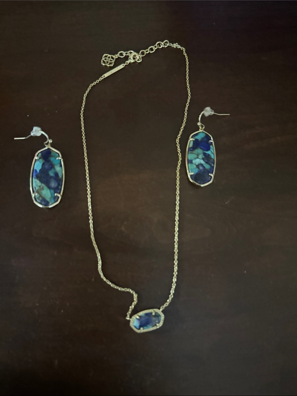 Kendra Scott Gold-Tone Necklace and Earrings with Blue-Teal Mosaic Stones